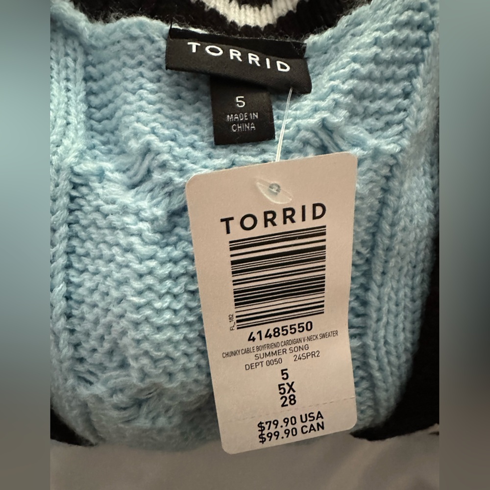 Torrid Blue Cable Knit Cardigan with Black and White Trim - Picture 3 of 4